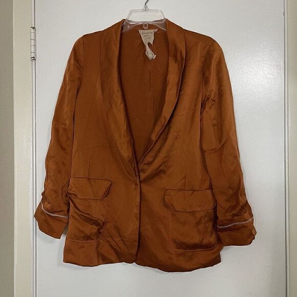 Free People Bronze orange silk collared blazer jacket size US 6 - Picture 2 of 7